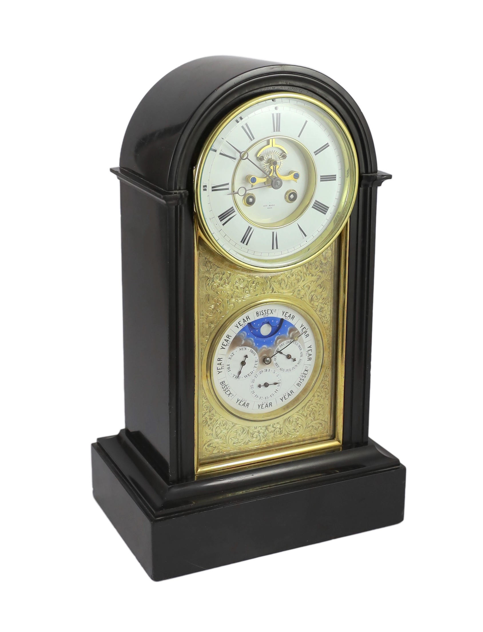 Henri Marc, Paris. A 19th century French arched top black marble mantel clock with perpetual calendar, width 28.5cm depth 20cm height 49cm